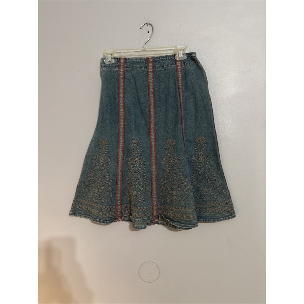 Denim Skirt Embroidery Sz 8 Knee-Midi Cowgirl Rodeo Western Distressing Skirt